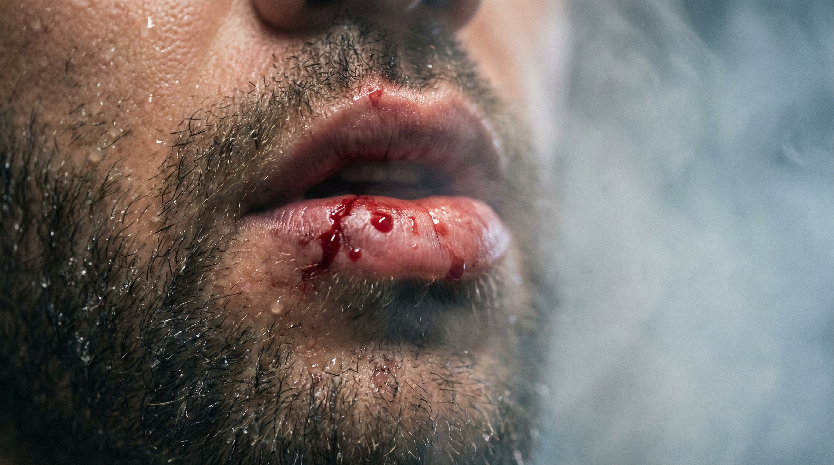 Close-up of a rugby player's bloodied lip — raw intensity from Rug Burn by Jack King