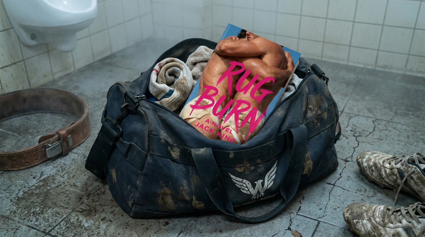 Rug Burn paperback in a gym bag — take this MM romance anywhere, by Jack King