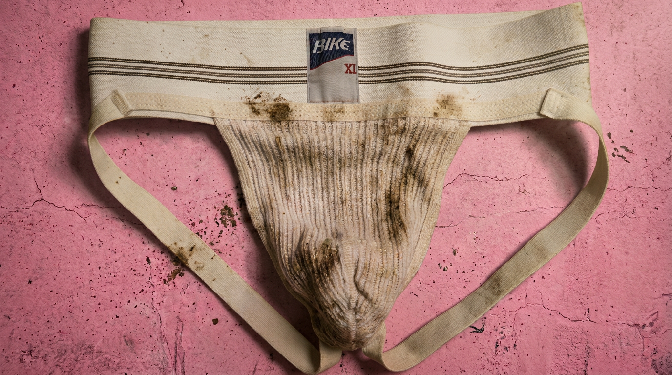 Dirty jockstrap on pink concrete — Rug Burn, an MM sports romance novel by Jack King