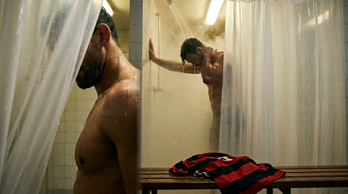 Steam rising in a locker room shower — forbidden tension in Rug Burn by Jack King